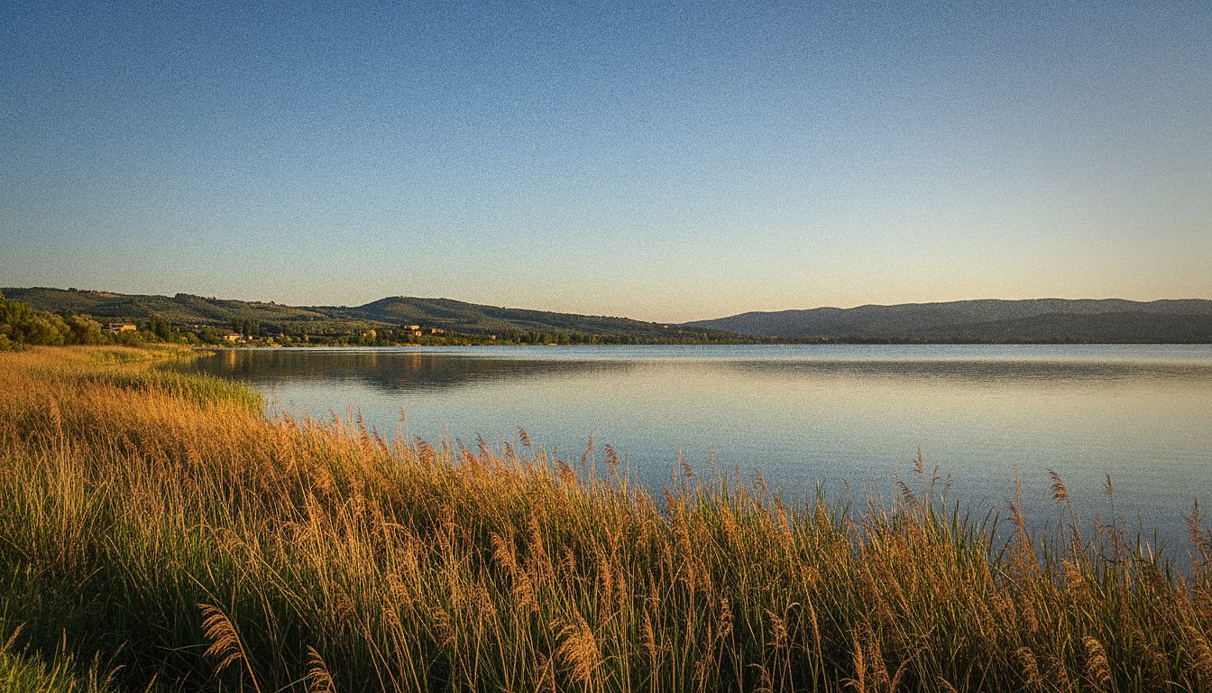 Riva del Lago Trasimeno con canneto e acqua calma, senza persone